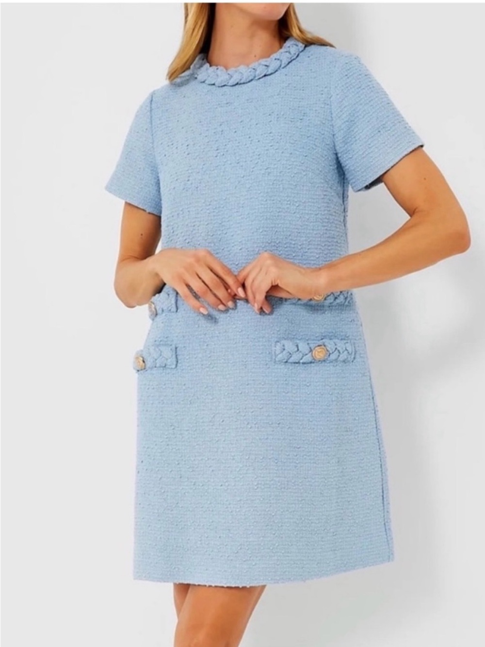 Tuckernuck Heathered Blue Tweed Jackie Dress Braided Trim size L